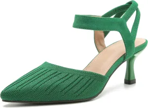 fereshte Women's Low Kitten Heels Knit Pumps Elastic Ankle Strap Slingback Dress Shoes