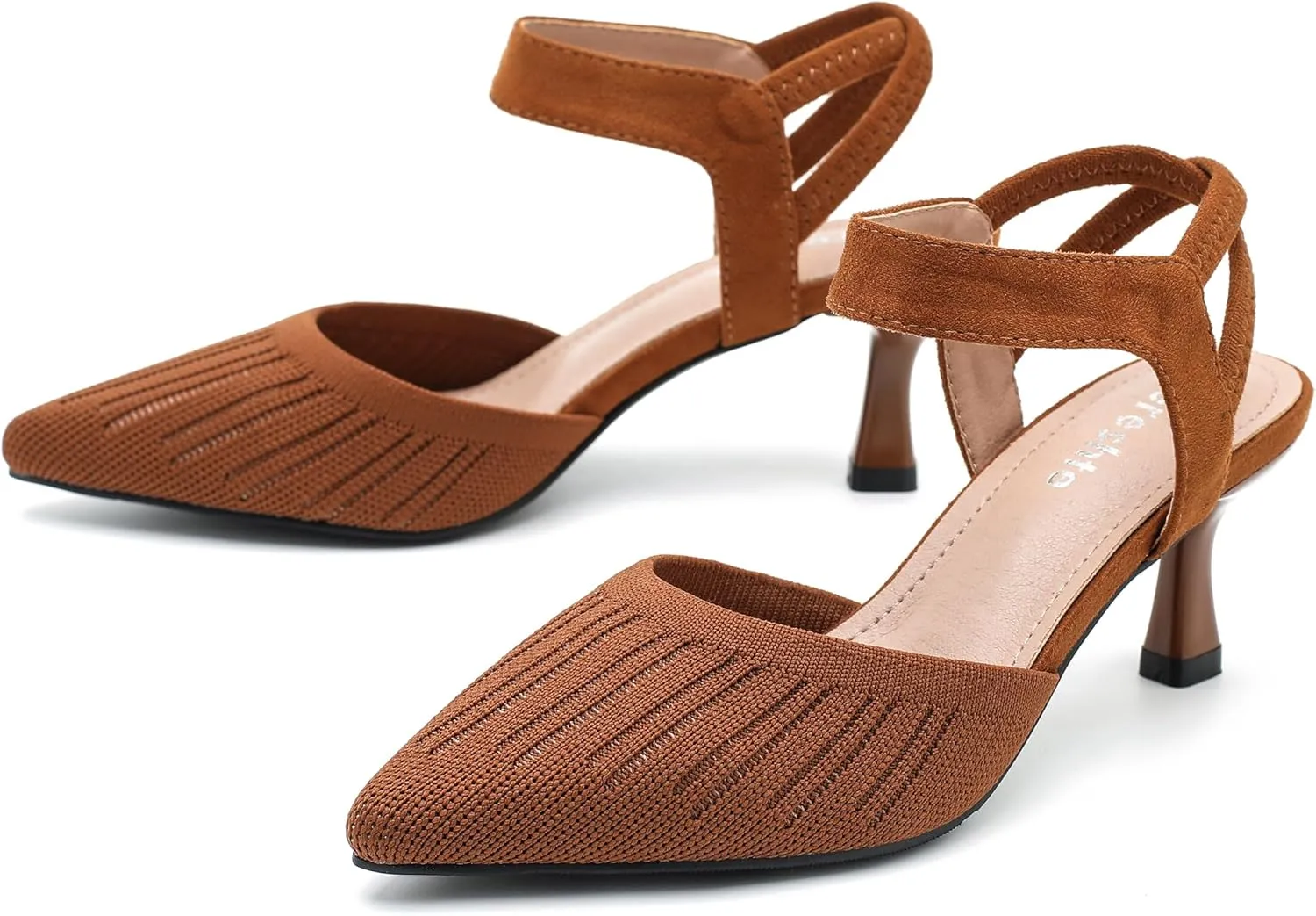 fereshte Women's Low Kitten Heels Knit Pumps Elastic Ankle Strap Slingback Dress Shoes