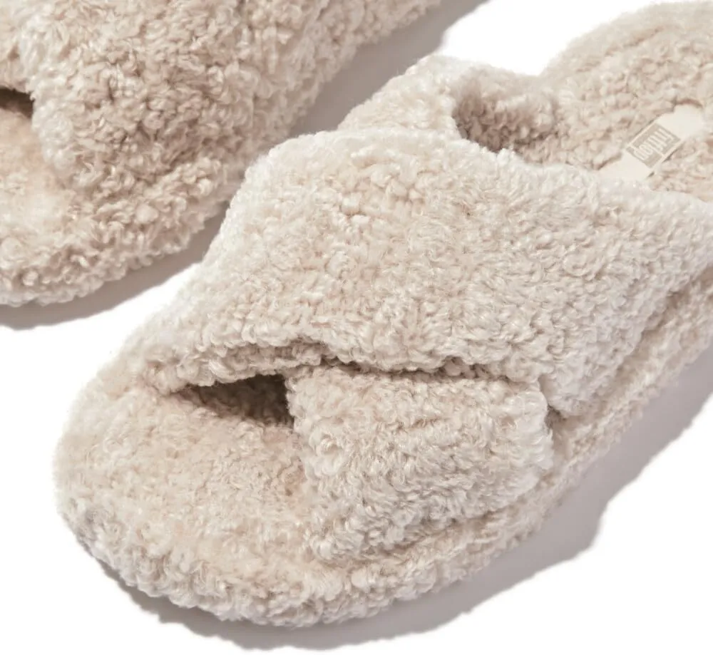 FitFlop Women's Iqushion D-Luxe Padded Teddy Cross Slides Wedge Sandal