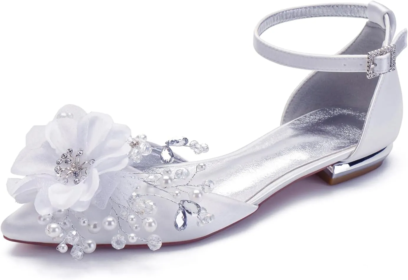 Flat Bridal Flower Pointed Toe Womens Shoes Low Heel Sandals Wedding Shoes Strappy Pumps for Prom Party Satin High Heel Comfortable