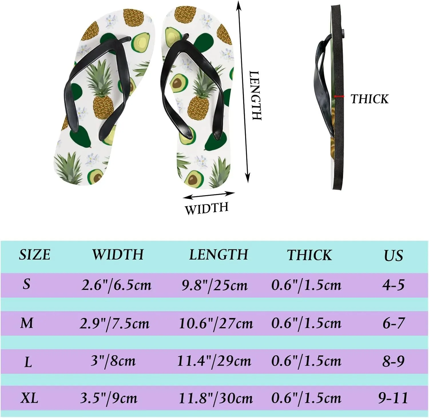 Flip Flops for Women Girls Pineapple Avocado Summer Casual Thong Slippers Slide Flat Sandals for Beach