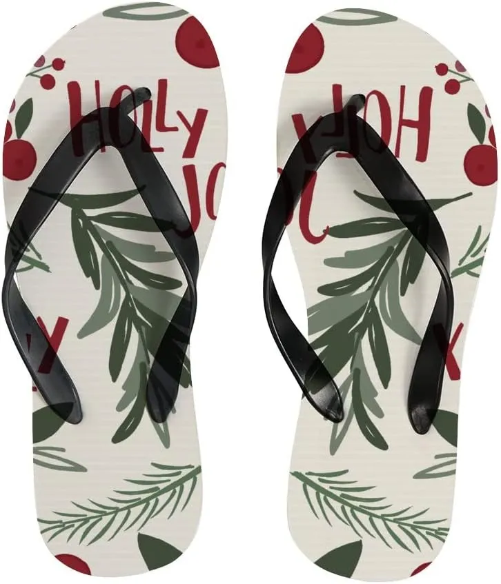 Flip Flops for Women Girls Red Holly Leaf Berries Summer Casual Thong Slippers Slide Flat Sandals for Beach