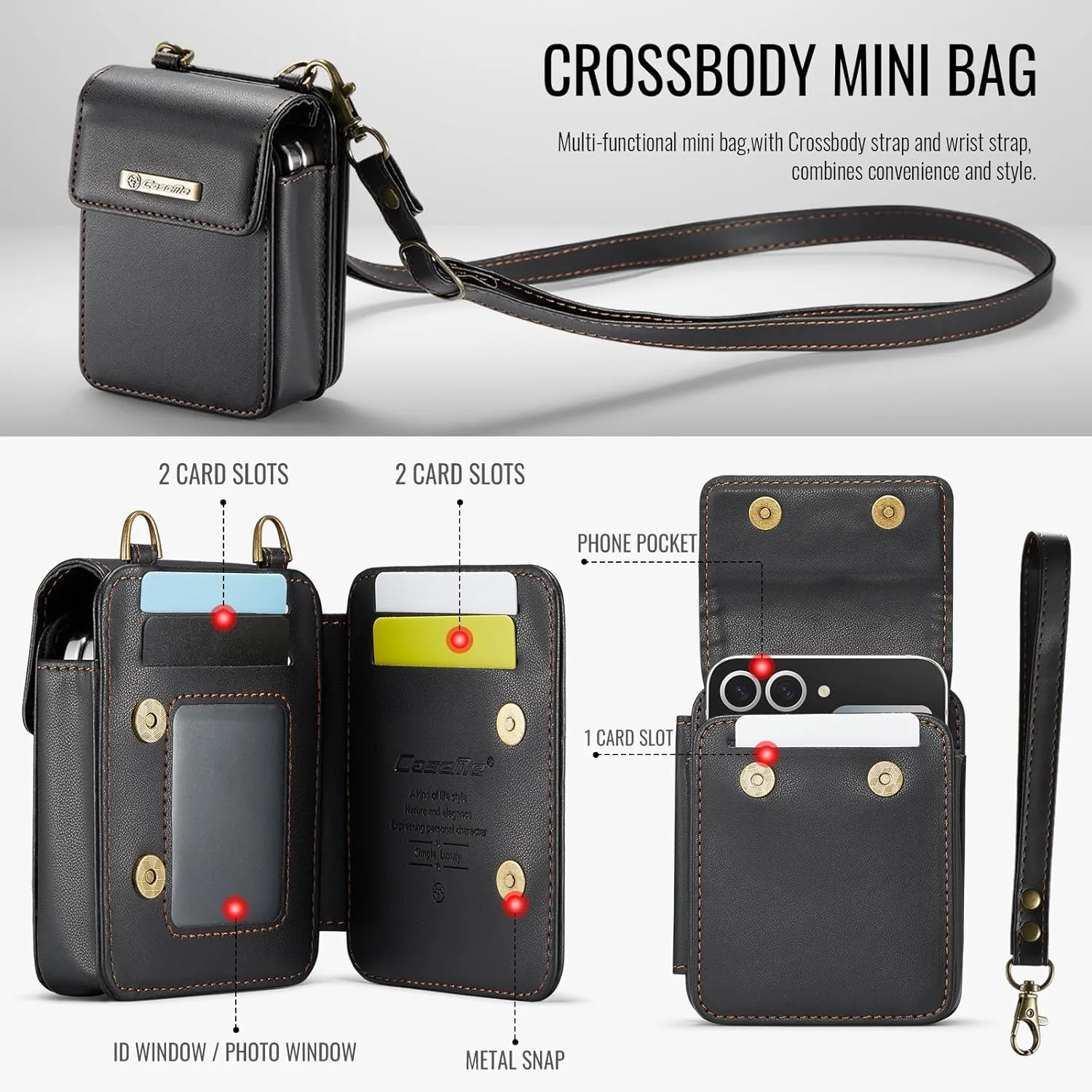 Flip Wallet Bag with 5 Card Slots Cash Solt Zipper Pocket, RFID Blocking Hand and Crossbody Shoulder Strap.Black