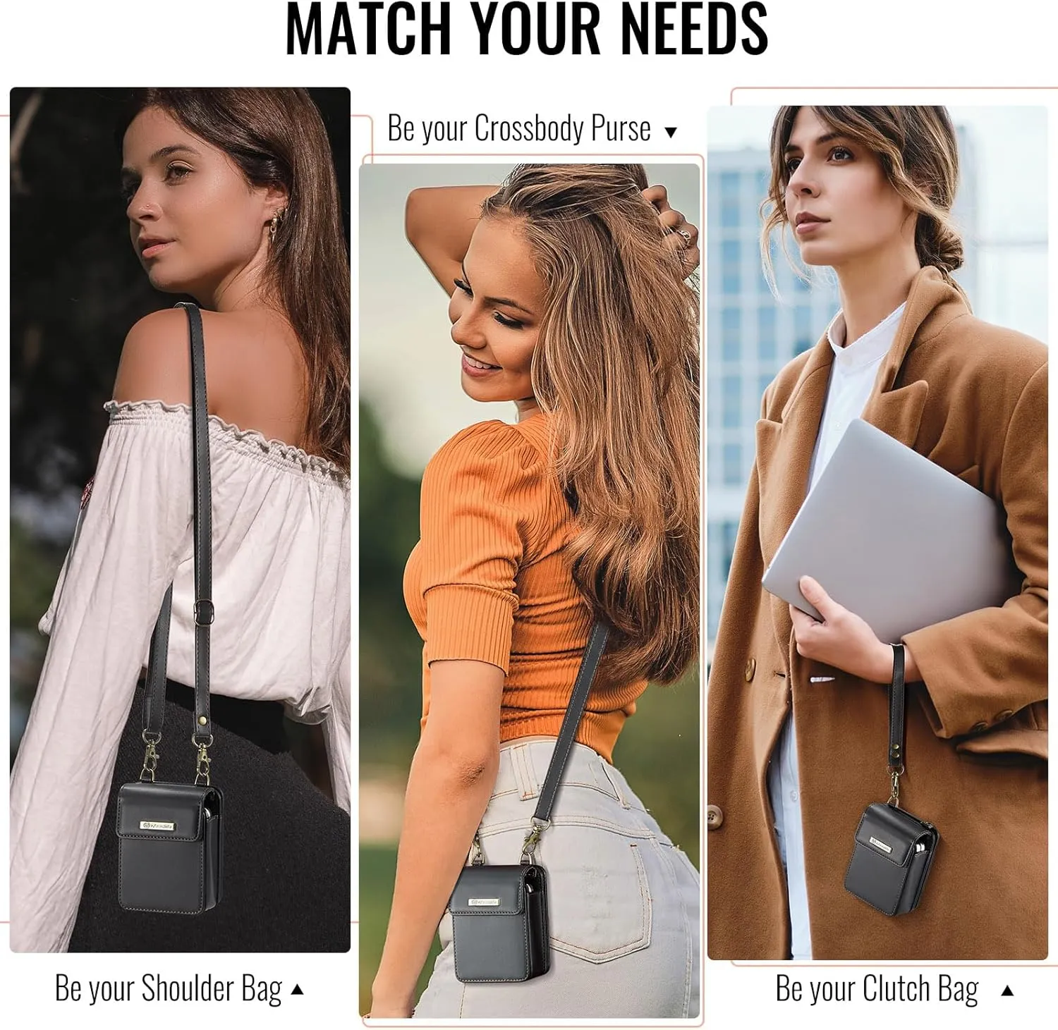 Flip Wallet Bag with 5 Card Slots Cash Solt Zipper Pocket, RFID Blocking Hand and Crossbody Shoulder Strap.Black