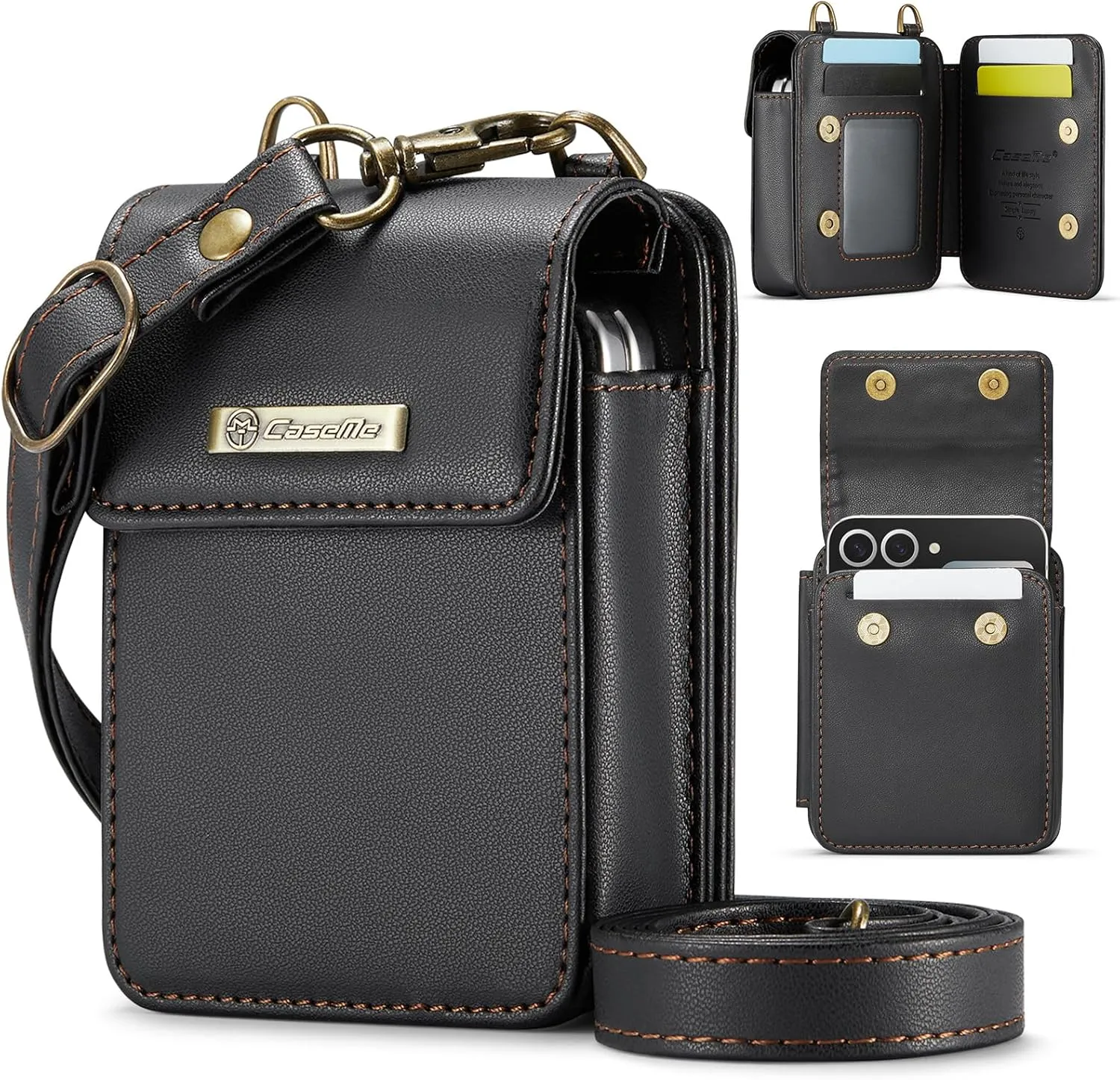 Flip Wallet Bag with 5 Card Slots Cash Solt Zipper Pocket, RFID Blocking Hand and Crossbody Shoulder Strap.Black