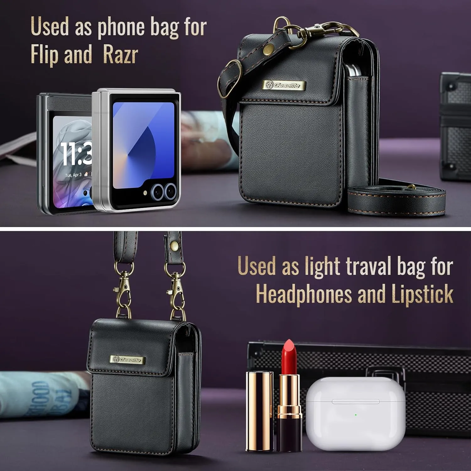 Flip Wallet Bag with 5 Card Slots Cash Solt Zipper Pocket, RFID Blocking Hand and Crossbody Shoulder Strap.Black