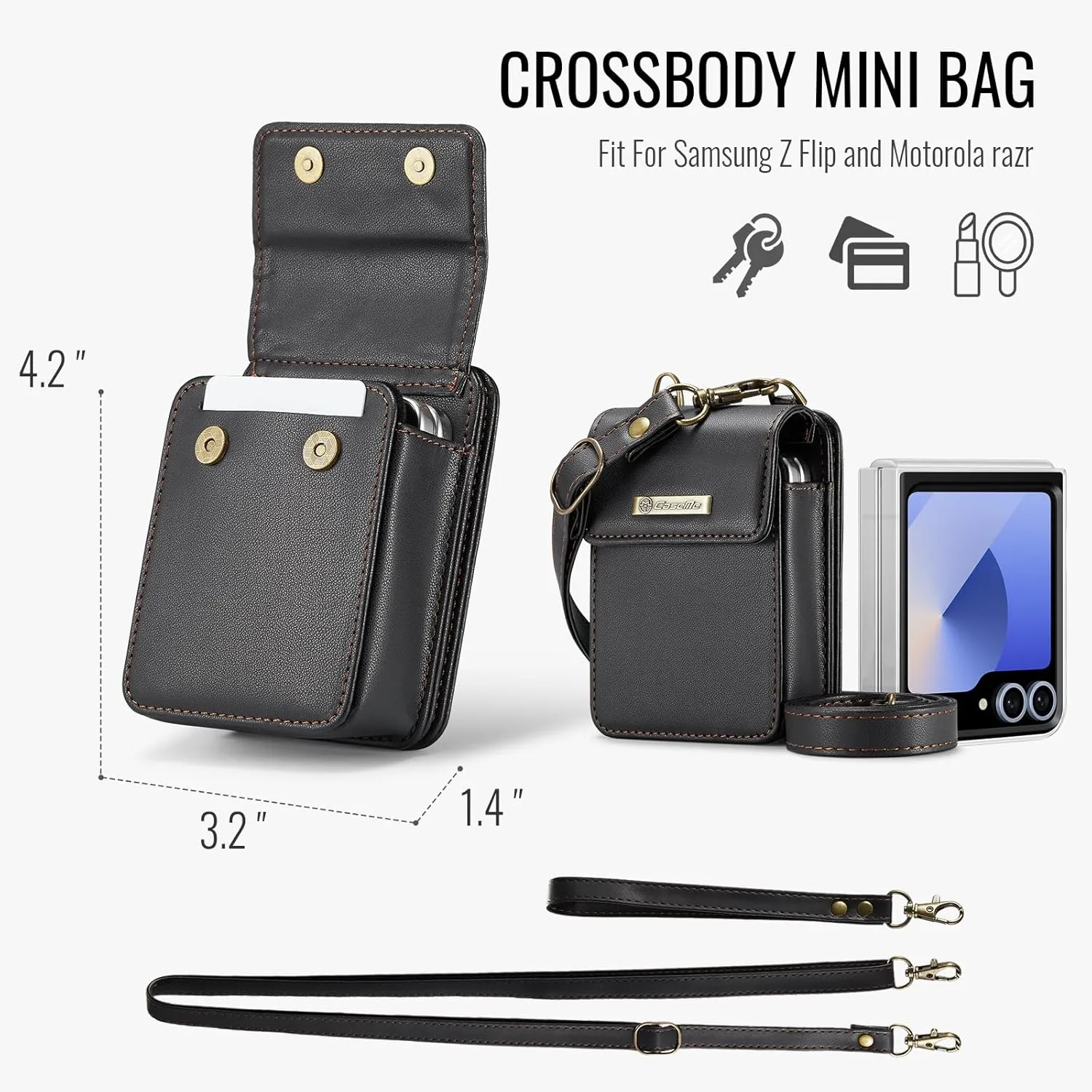 Flip Wallet Bag with 5 Card Slots Cash Solt Zipper Pocket, RFID Blocking Hand and Crossbody Shoulder Strap.Black