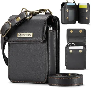 Flip Wallet Bag with 5 Card Slots Cash Solt Zipper Pocket, RFID Blocking Hand and Crossbody Shoulder Strap.Black