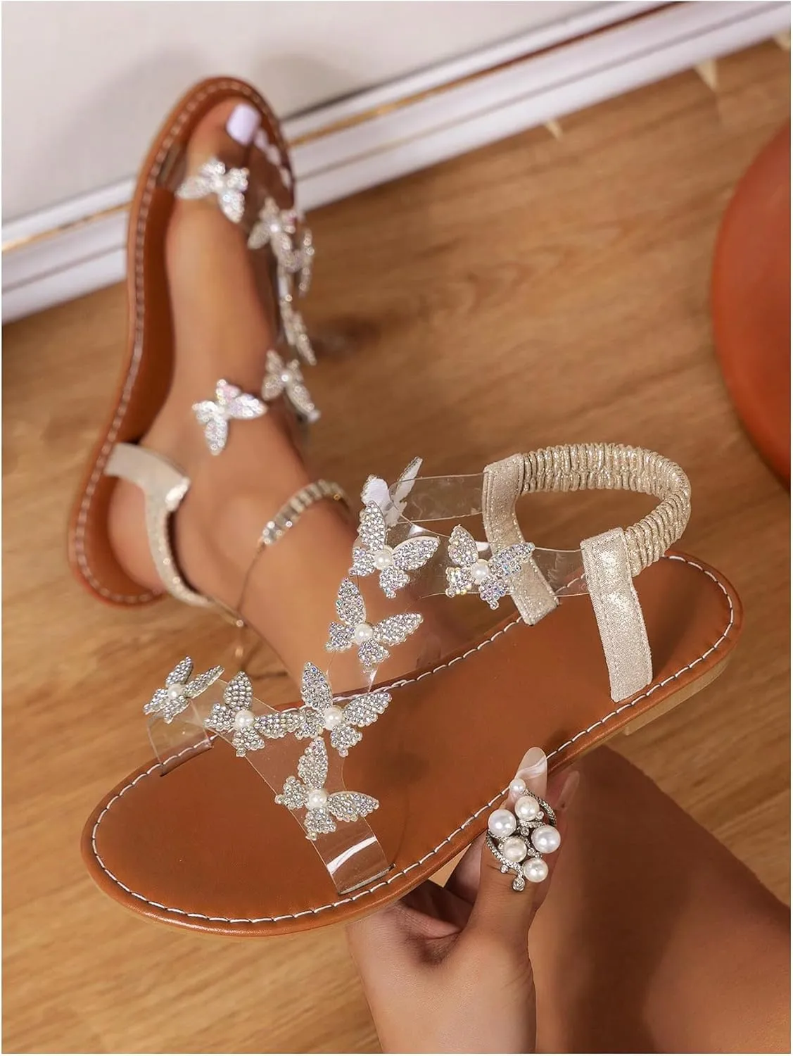 Floerns Women's Elegant Rhinestone Butterfly Transparent Elastic Strap Summer Flat Sandals