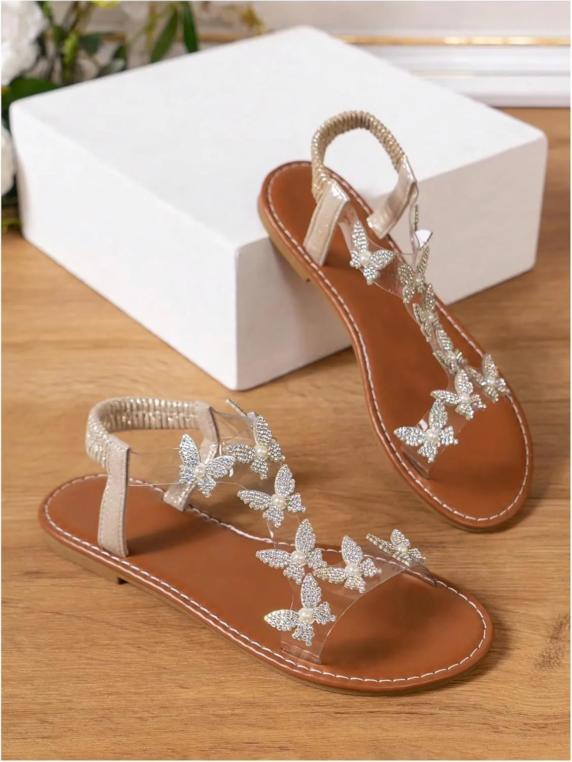Floerns Women's Elegant Rhinestone Butterfly Transparent Elastic Strap Summer Flat Sandals