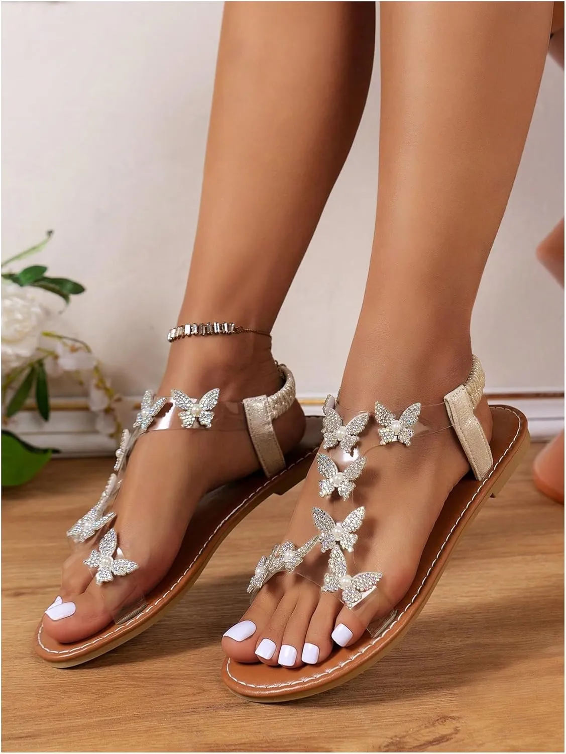 Floerns Women's Elegant Rhinestone Butterfly Transparent Elastic Strap Summer Flat Sandals