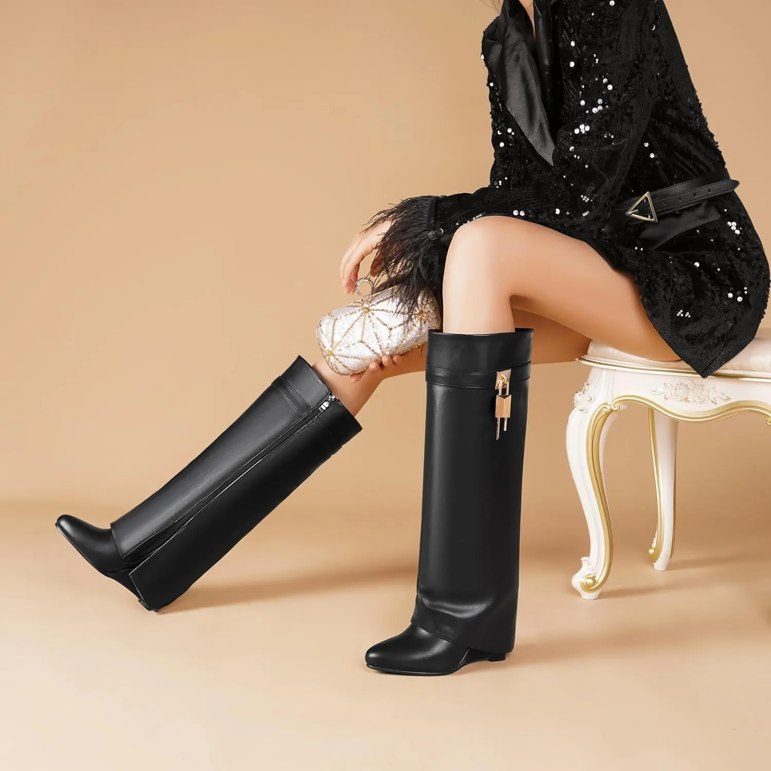 Fold Over Boots for Women Pointy Pull-on Wedge Heel Knee Shark Boot With Side Zipper Padlock Design