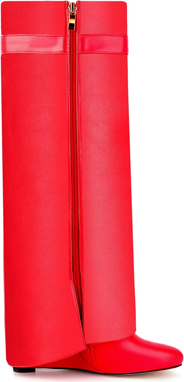 Fold Over Boots for Women Pointy Pull-on Wedge Heel Knee Shark Boot With Side Zipper Padlock Design