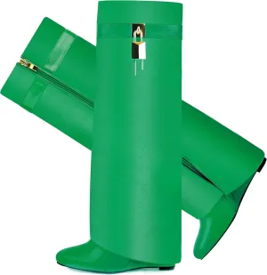 Fold Over Boots for Women Pointy Pull-on Wedge Heel Knee Shark Boot With Side Zipper Padlock Design