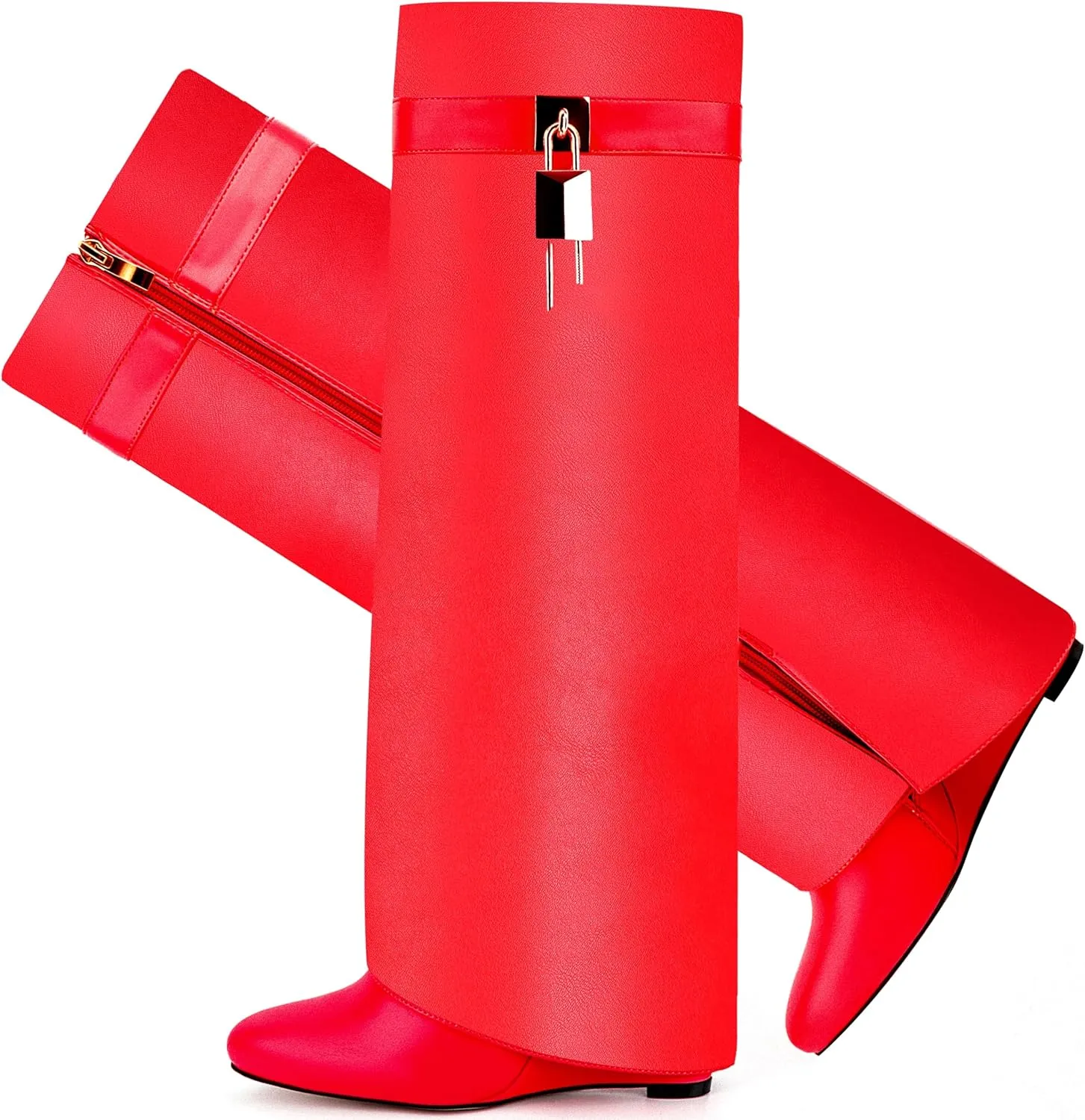 Fold Over Boots for Women Pointy Pull-on Wedge Heel Knee Shark Boot With Side Zipper Padlock Design
