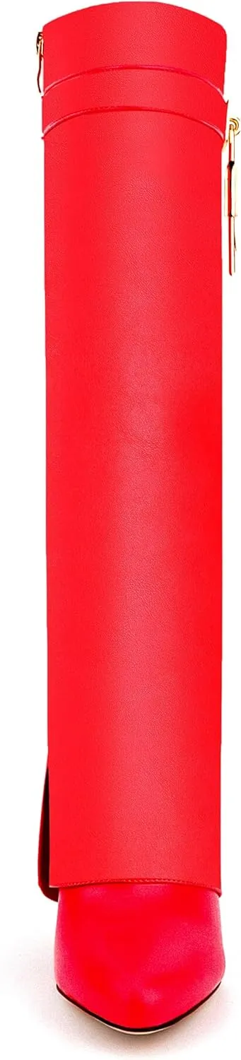 Fold Over Boots for Women Pointy Pull-on Wedge Heel Knee Shark Boot With Side Zipper Padlock Design