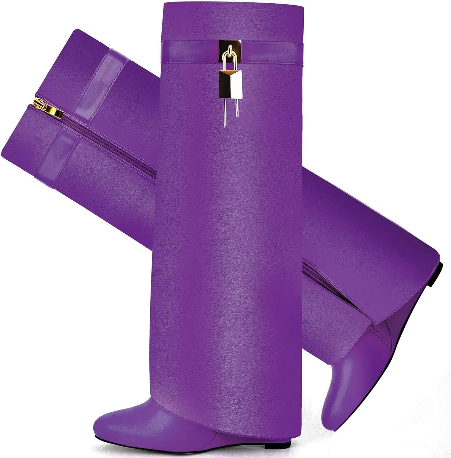 Fold Over Boots for Women Pointy Pull-on Wedge Heel Knee Shark Boot With Side Zipper Padlock Design