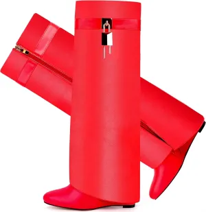 Fold Over Boots for Women Pointy Pull-on Wedge Heel Knee Shark Boot With Side Zipper Padlock Design