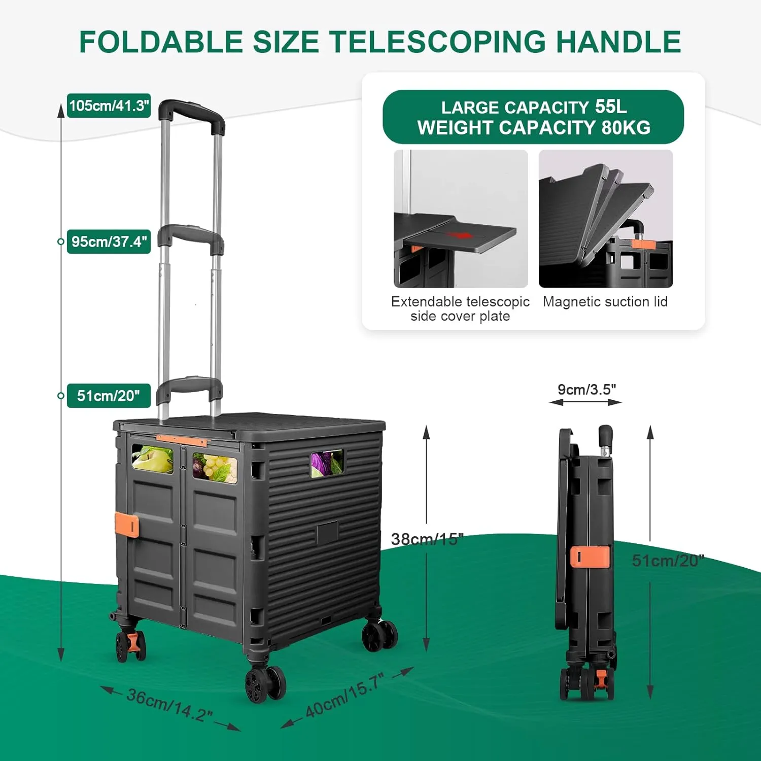 Foldable Utility Cart Folding Portable Rolling Crate with Magnetic Extended Lid,360°Rotate Wheels,176LBS Load Capacity,Heavy Duty Durable Dolly Cart for Teacher Tourist Shopping Office Outdoor