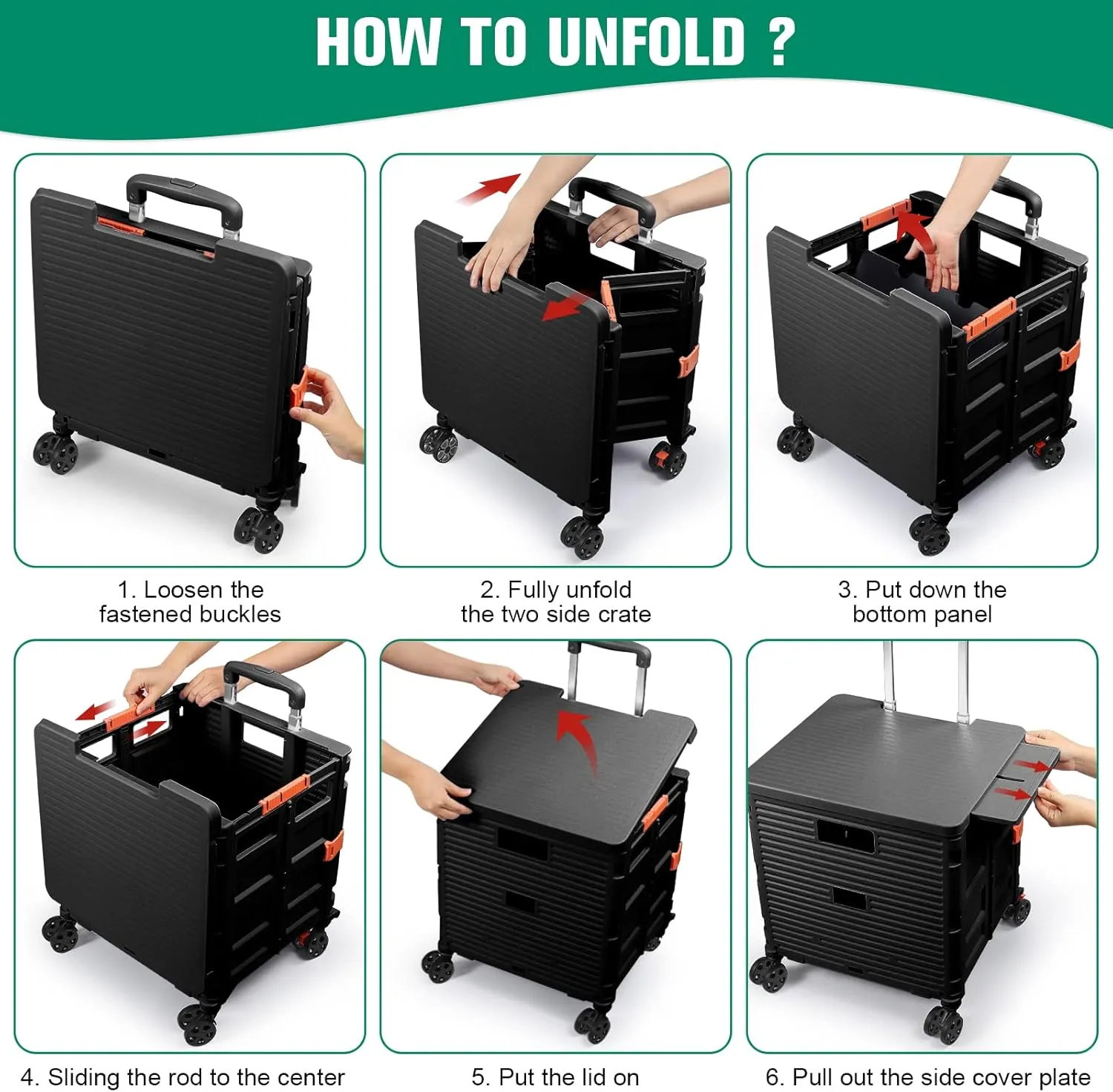 Foldable Utility Cart Folding Portable Rolling Crate with Magnetic Extended Lid,360°Rotate Wheels,176LBS Load Capacity,Heavy Duty Durable Dolly Cart for Teacher Tourist Shopping Office Outdoor