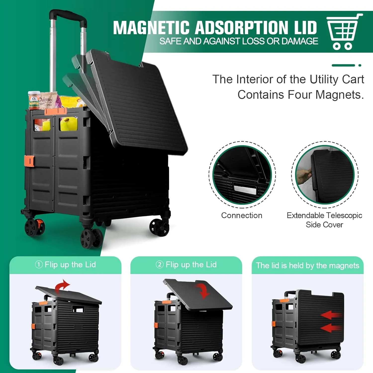 Foldable Utility Cart Folding Portable Rolling Crate with Magnetic Extended Lid,360°Rotate Wheels,176LBS Load Capacity,Heavy Duty Durable Dolly Cart for Teacher Tourist Shopping Office Outdoor