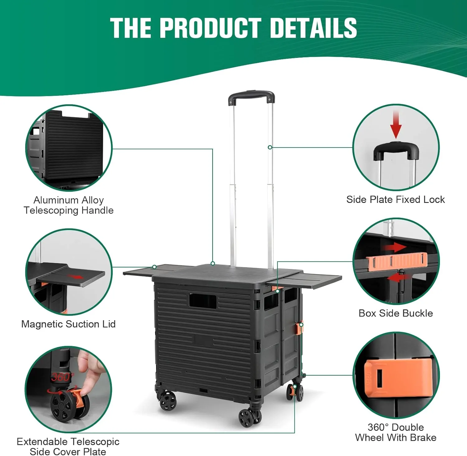 Foldable Utility Cart Folding Portable Rolling Crate with Magnetic Extended Lid,360°Rotate Wheels,176LBS Load Capacity,Heavy Duty Durable Dolly Cart for Teacher Tourist Shopping Office Outdoor