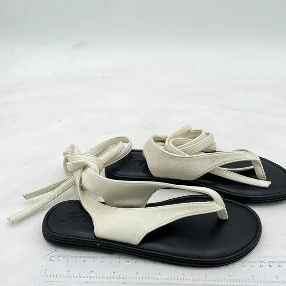 FOWT Beige Split Round Toe Sandals Lace up Strappy Soft Flip Flop Summer Flats