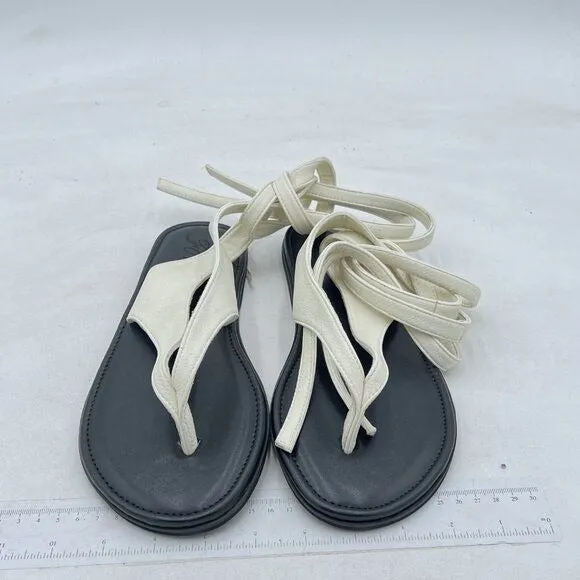 FOWT Beige Split Round Toe Sandals Lace up Strappy Soft Flip Flop Summer Flats