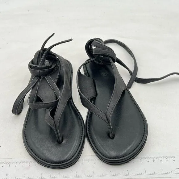 FOWT Black Split Round Toe Sandals Lace up Strappy Flat Soft Flip Flop Shoes
