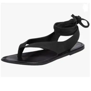 FOWT Black Split Round Toe Sandals Lace up Strappy Flat Soft Flip Flop Shoes