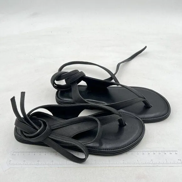 FOWT Black Split Round Toe Sandals Lace up Strappy Flat Soft Flip Flop Shoes