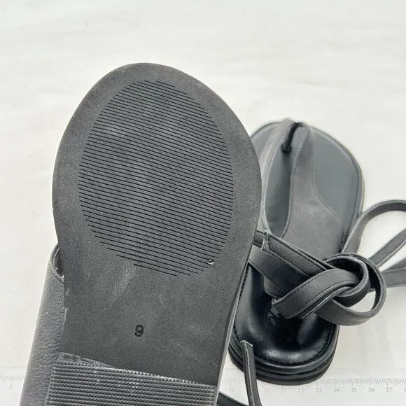 FOWT Black Split Round Toe Sandals Lace up Strappy Flat Soft Flip Flop Shoes