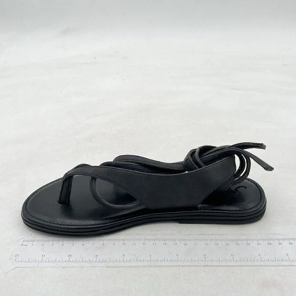 FOWT Black Split Round Toe Sandals Lace up Strappy Flat Soft Flip Flop Shoes