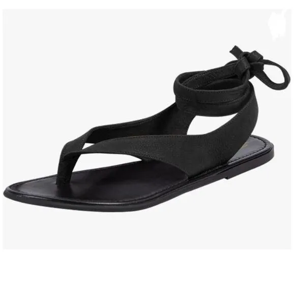 FOWT Black Split Round Toe Sandals Lace up Strappy Flat Soft Flip Flop Shoes