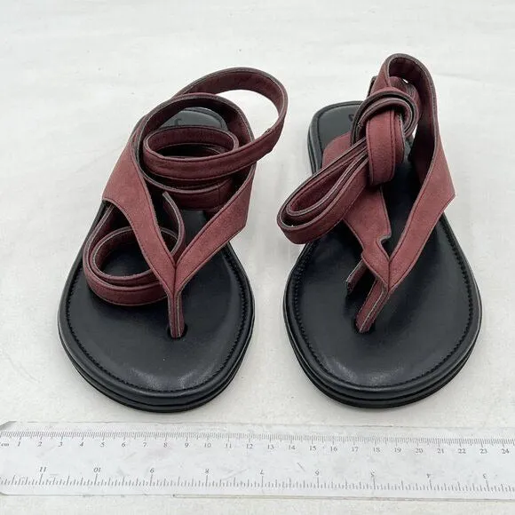 FOWT Brown Women Split Round Toe Sandals Lace up Strappy Comfortable Flats