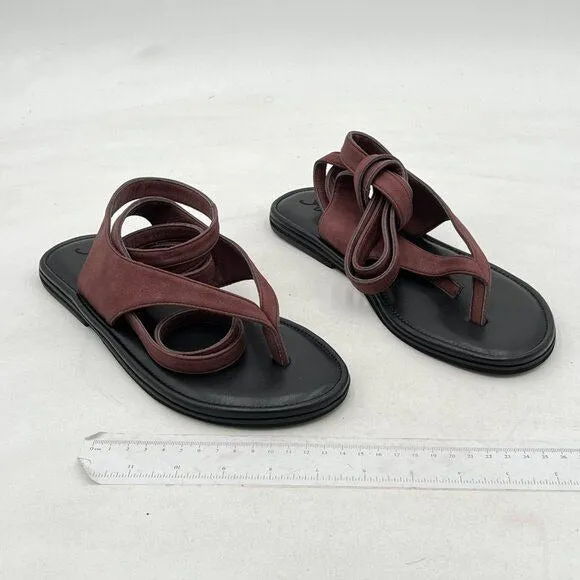 FOWT Brown Women Split Round Toe Sandals Lace up Strappy Comfortable Flats