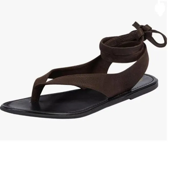 FOWT Dark Brown Split Round Toe Sandals Lace up Strappy Soft Flip Flop Shoes