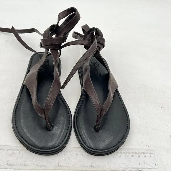 FOWT Dark Brown Split Round Toe Sandals Lace up Strappy Soft Flip Flop Shoes