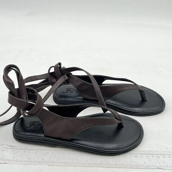 FOWT Dark Brown Split Round Toe Sandals Lace up Strappy Soft Flip Flop Shoes