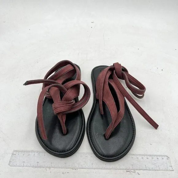 FOWT Wine Split Round Toe Sandals Lace up Strappy Soft Flip Flop Casual Shoes
