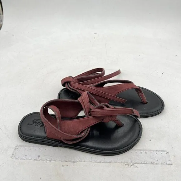 FOWT Wine Split Round Toe Sandals Lace up Strappy Soft Flip Flop Casual Shoes