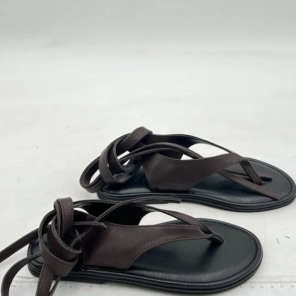 FOWT Women Split Round Toe Sandals Lace up Strappy Comfortable Flats Brown