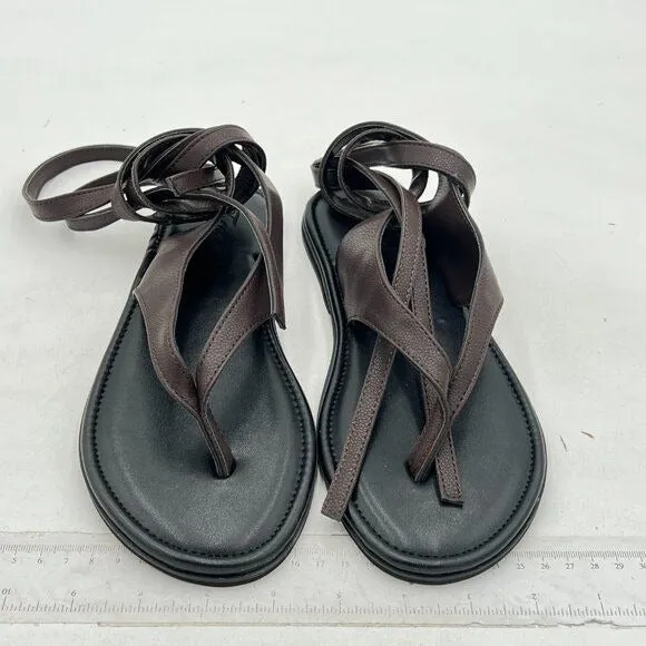 FOWT Women Split Round Toe Sandals Lace up Strappy Comfortable Flats Brown