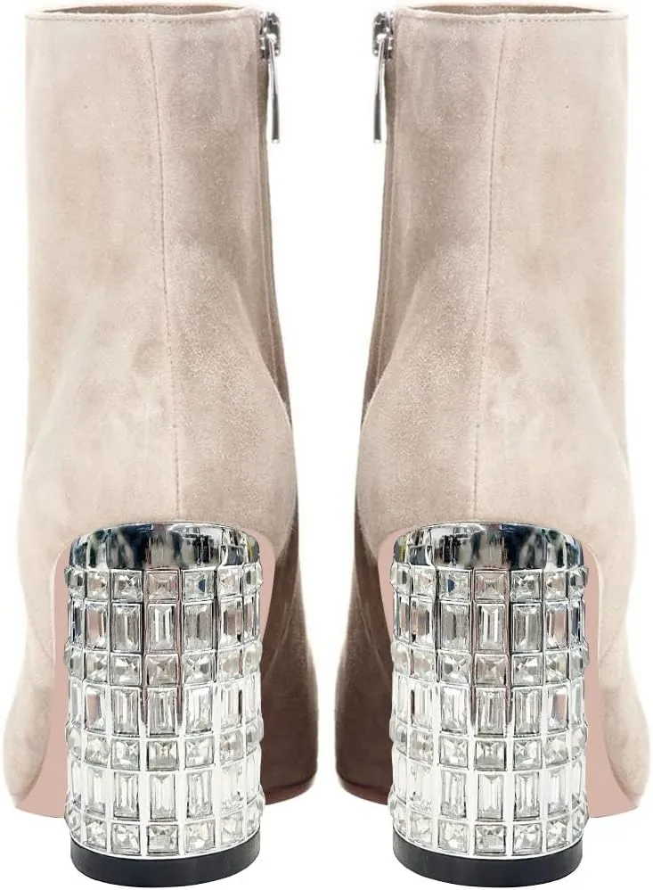 FSJ Women Almond Toe Chunky Block High Heel Handmade Ankle Booties Elegant Ladies Casual Dress Daily Boots Size 4-15 US