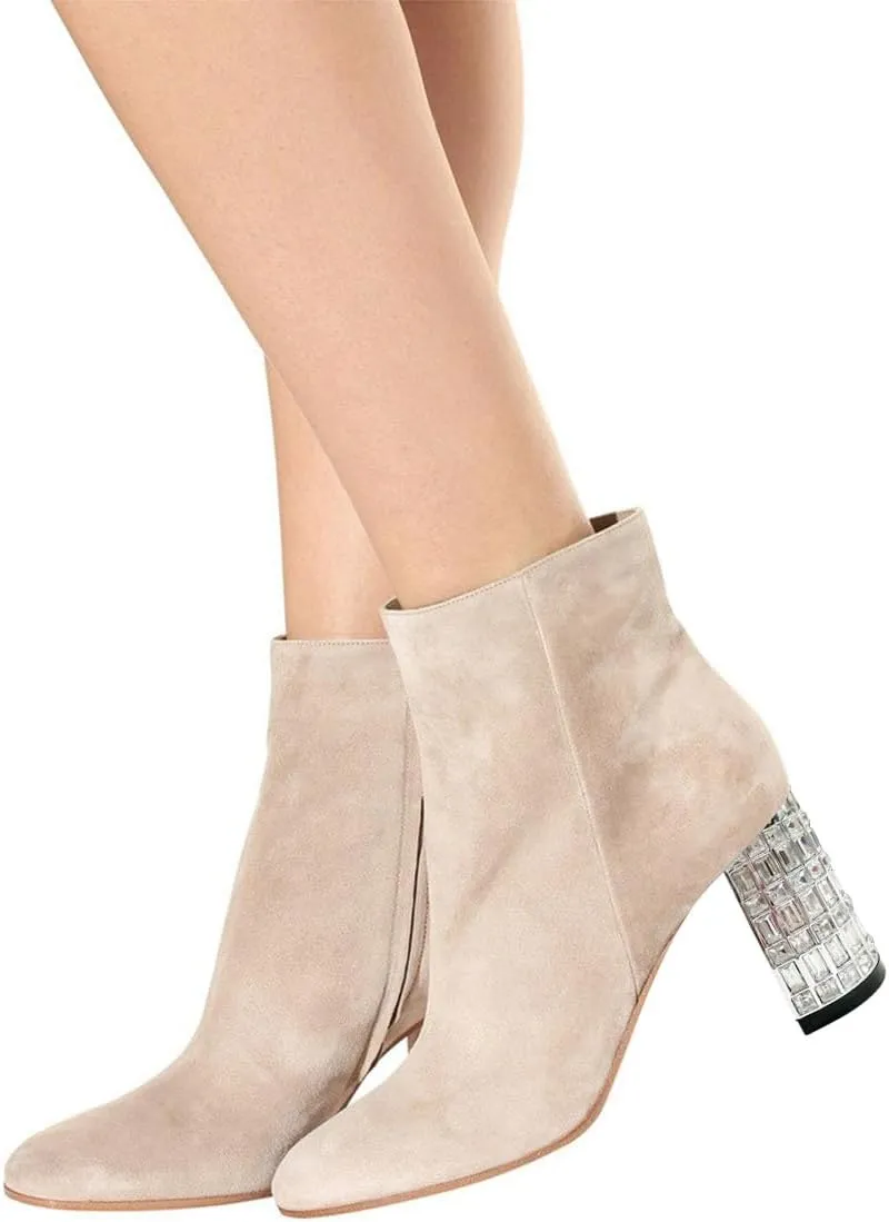 FSJ Women Almond Toe Chunky Block High Heel Handmade Ankle Booties Elegant Ladies Casual Dress Daily Boots Size 4-15 US