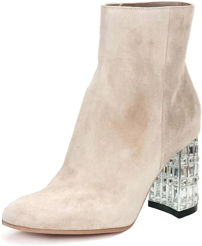 FSJ Women Almond Toe Chunky Block High Heel Handmade Ankle Booties Elegant Ladies Casual Dress Daily Boots Size 4-15 US