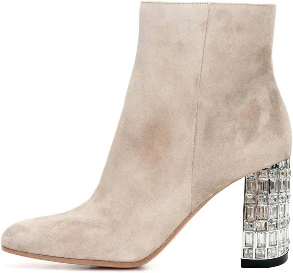 FSJ Women Almond Toe Chunky Block High Heel Handmade Ankle Booties Elegant Ladies Casual Dress Daily Boots Size 4-15 US