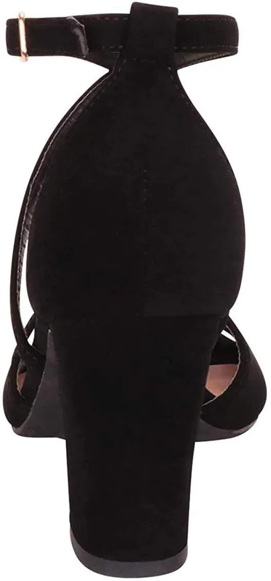 FSJ Women Elegant Peep Toe Sandals Chunky High Heel Pumps Cross Strap Velvet Suede Dress Pumps Size 4-15 US