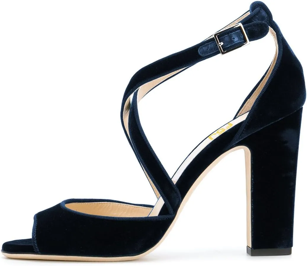 FSJ Women Elegant Peep Toe Sandals Chunky High Heel Pumps Cross Strap Velvet Suede Dress Pumps Size 4-15 US