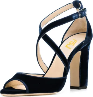 FSJ Women Elegant Peep Toe Sandals Chunky High Heel Pumps Cross Strap Velvet Suede Dress Pumps Size 4-15 US